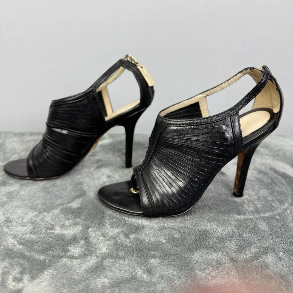 L.A.M.B. Gwen Stefani Black Leather Ankle Strappy‎ Caged Sandals High Heels 5.5